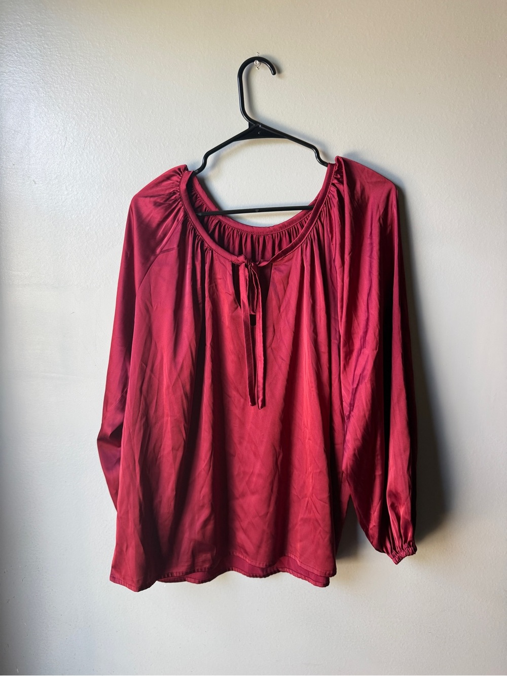 J.Jill Women’s Burgundy Peasant Blouse Tie Neck Long Sleeve Size Medium